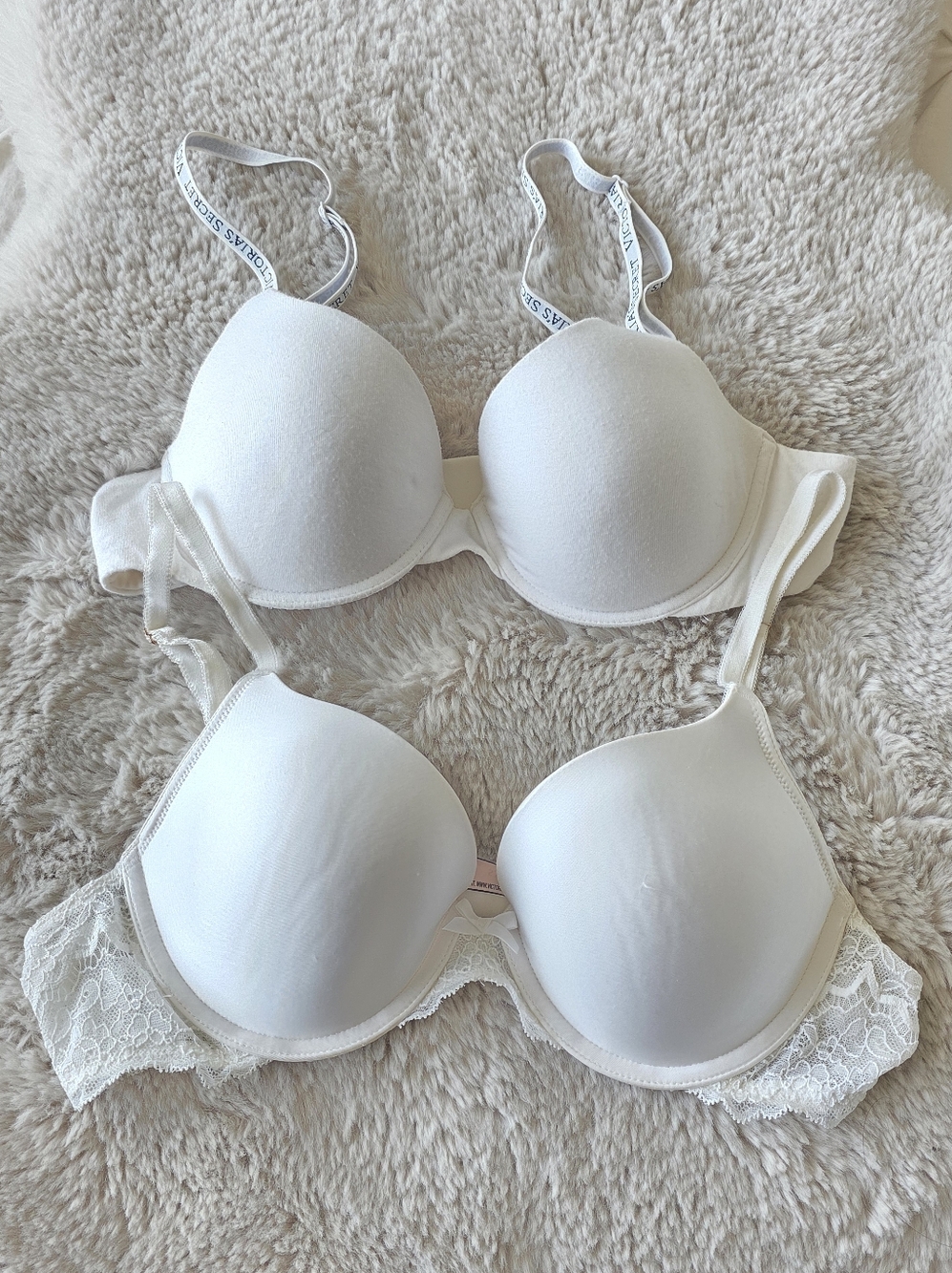 2 Victoria’s Secret White Lightly Lined T-Shirt, Lace bras